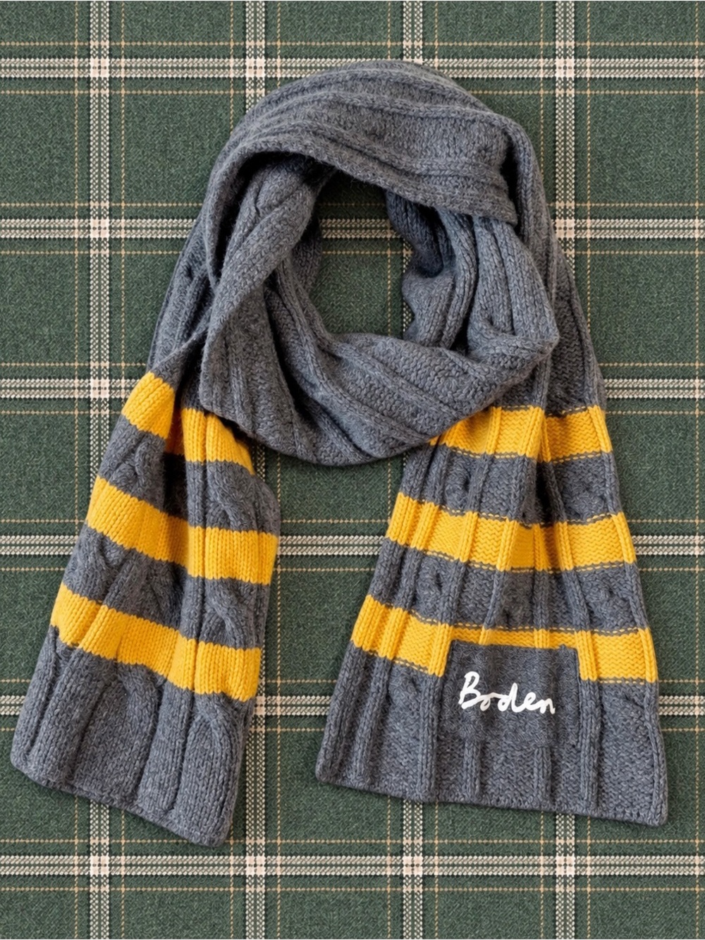 Boden Unisex Gray Wool Yellow Cable Knit Scarf Classic Academia Preppy Cozy